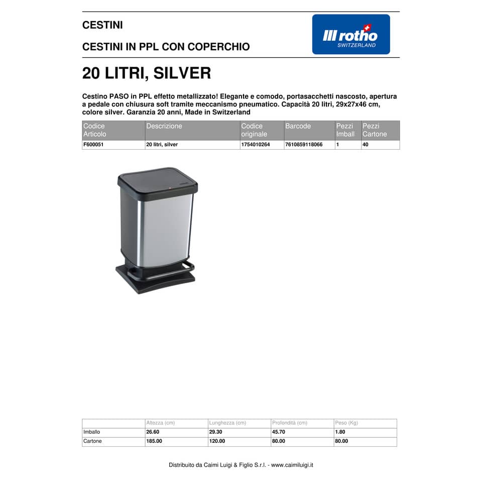 Cestino gettacarte Rotho PASO Metal rettangolare a pedale silver - 20 L - F600051