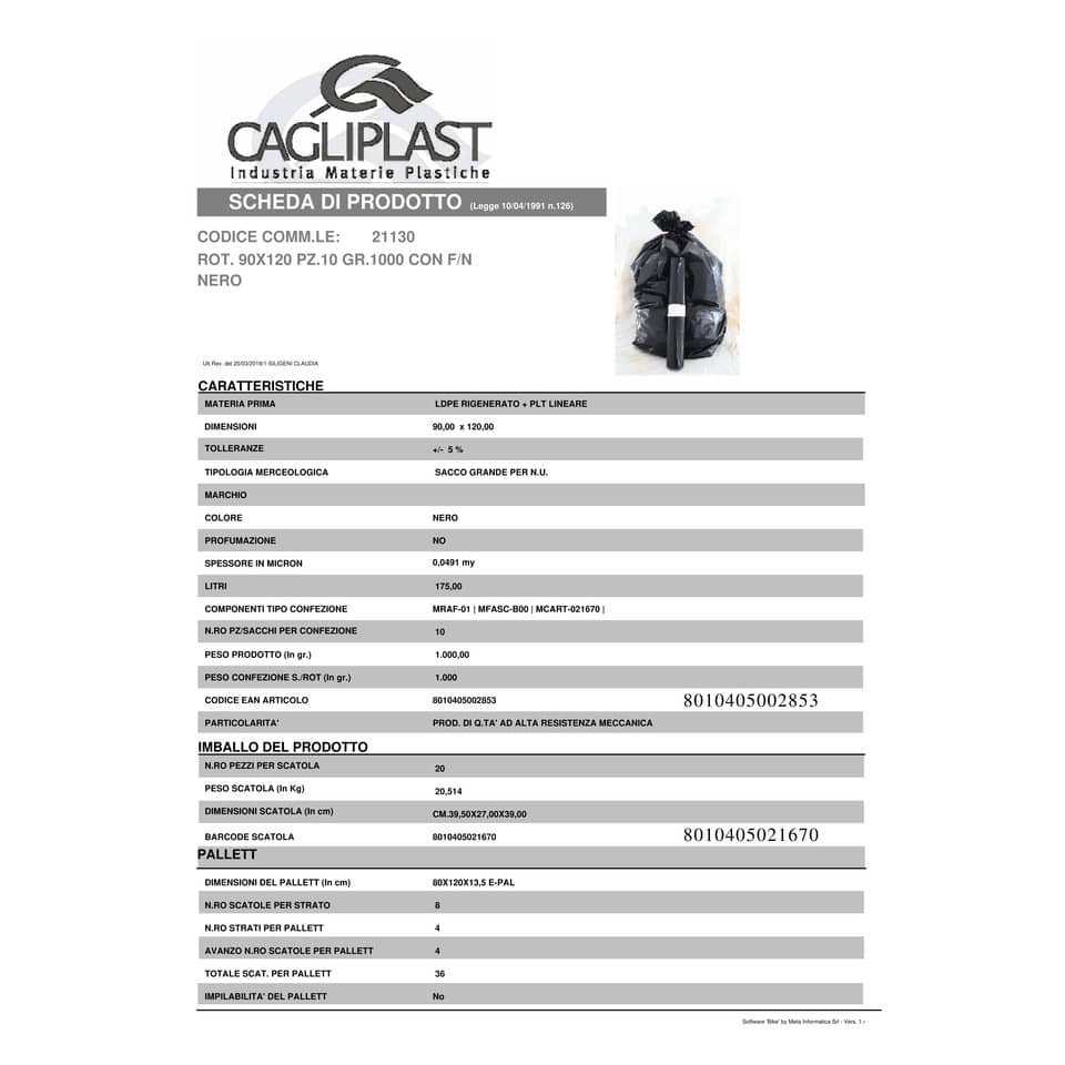 Sacchi immondizia in polietilene rigenerato capacità 130 l NERO rotolo da 10 pz. - 21130