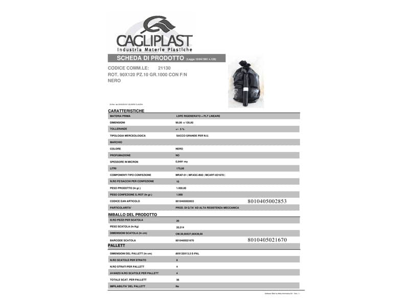 Sacchi immondizia in polietilene rigenerato capacità 130 l NERO rotolo da 10 pz. - 21130