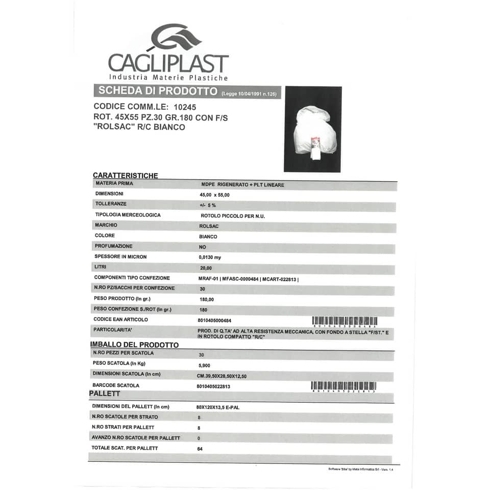 Sacchi immondizia Rolsac Quality in polietilene rigenerato BIANCO 20 L rotolo da 30 pz. - 10245