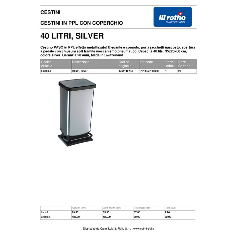 Cestino gettacarte Rotho PASO Metal rettangolare a pedale silver - 40 L - F600060