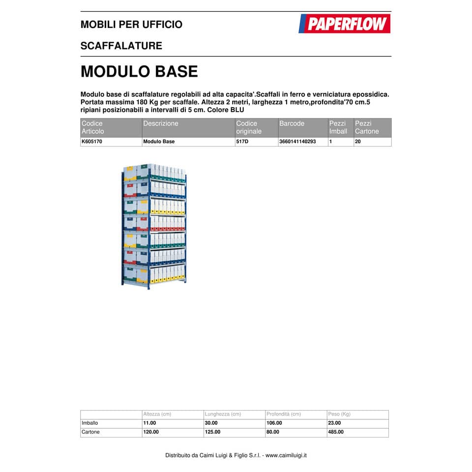 Modulo base scaffalatura Paperflow ad incastro RANG'ECO regolabile - 5 ripiani blu - K605170