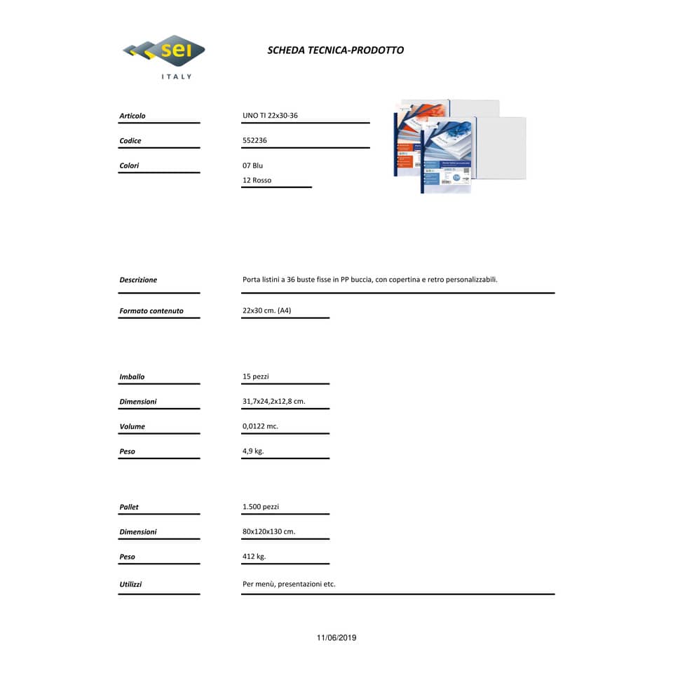 Portalistini personalizzabile in PP Sei Rota Uno TI - PP buccia - 36 buste A4 blu - 55223607