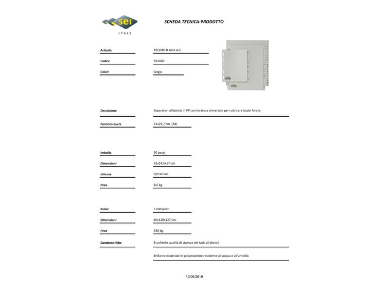 Separatori alfabetici in PP Sei Rota Record R-Max A-Z buste grigio 581420