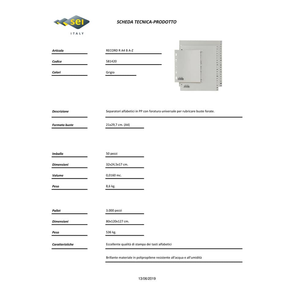 Separatori alfabetici in PP Sei Rota Record R-Max A-Z buste grigio 581420
