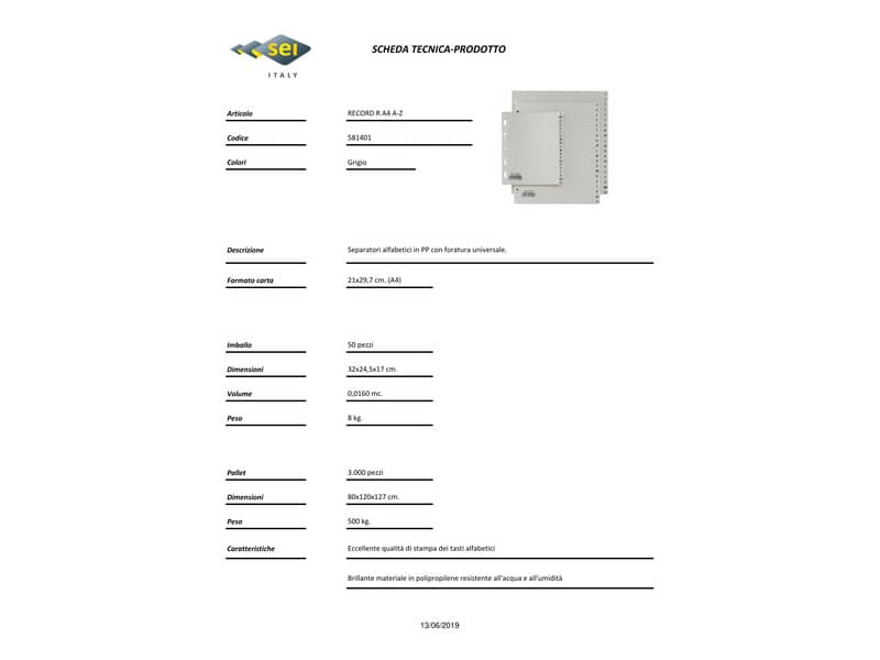 Separatori alfabetici in PP Sei Rota Record R A-Z grigio A4 581401