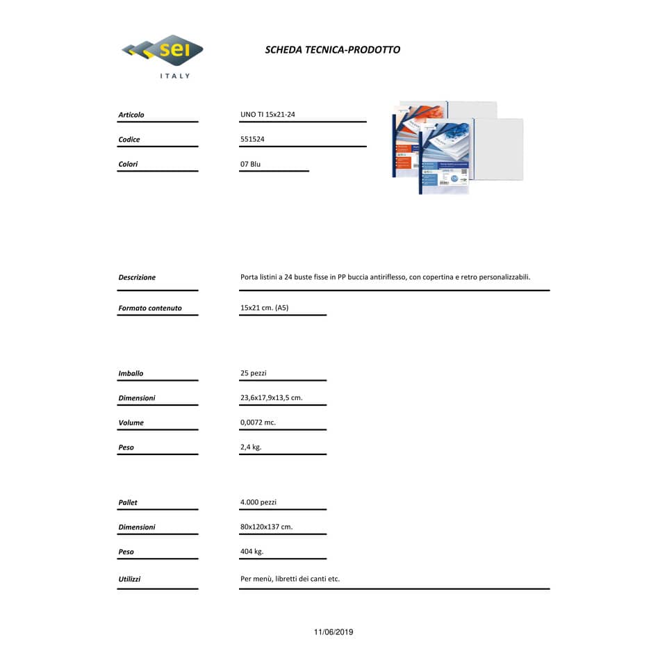 Portalistini personalizzabile in PP Sei Rota Uno TI - PP buccia - 24 buste A5 blu - 55152407