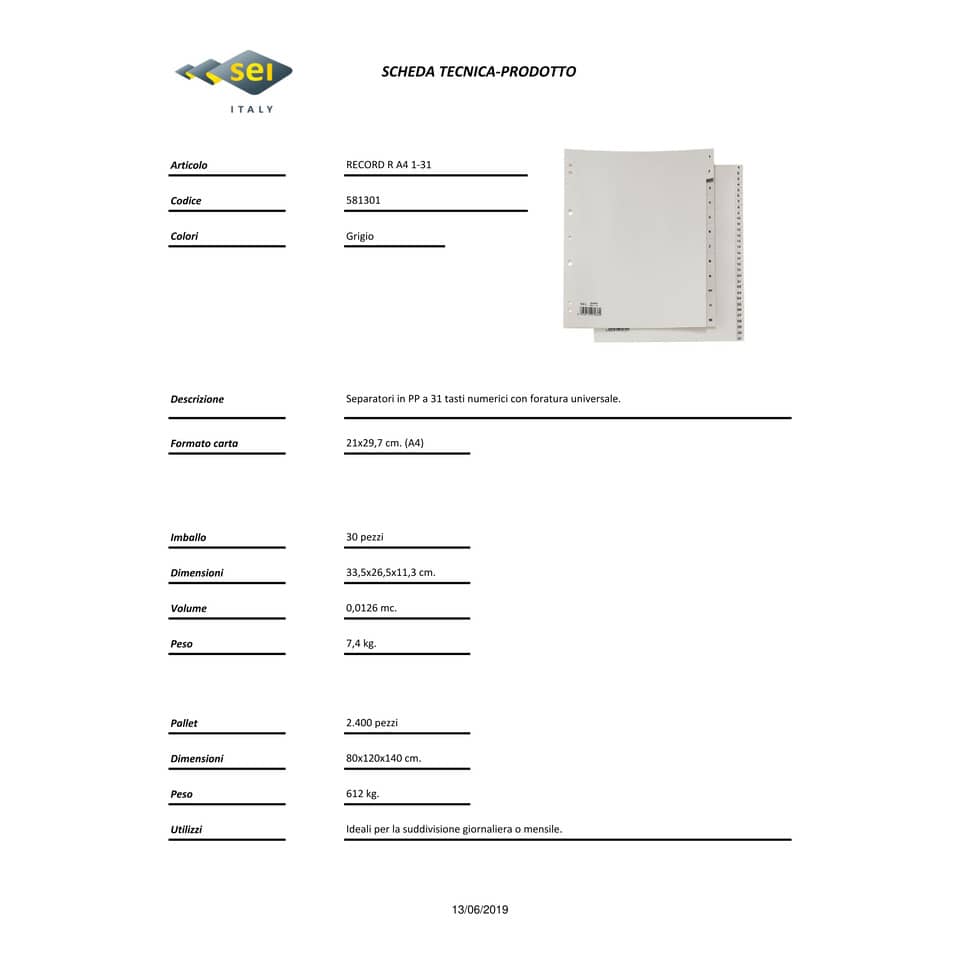Separatori numerici a 31 tasti in PP Sei Rota Record R 1-31 grigio 581301