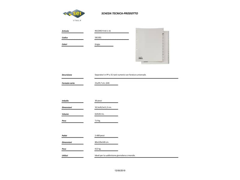 Separatori numerici a 31 tasti in PP Sei Rota Record R 1-31 grigio 581301