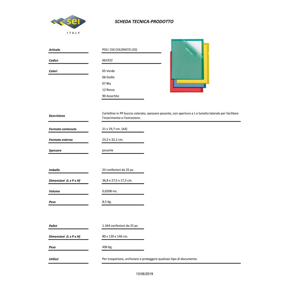 Cartelline a L in PP Sei Rota Poli 150 Color A4 giallo - alto spessore - conf. 25 pezzi - 66232206