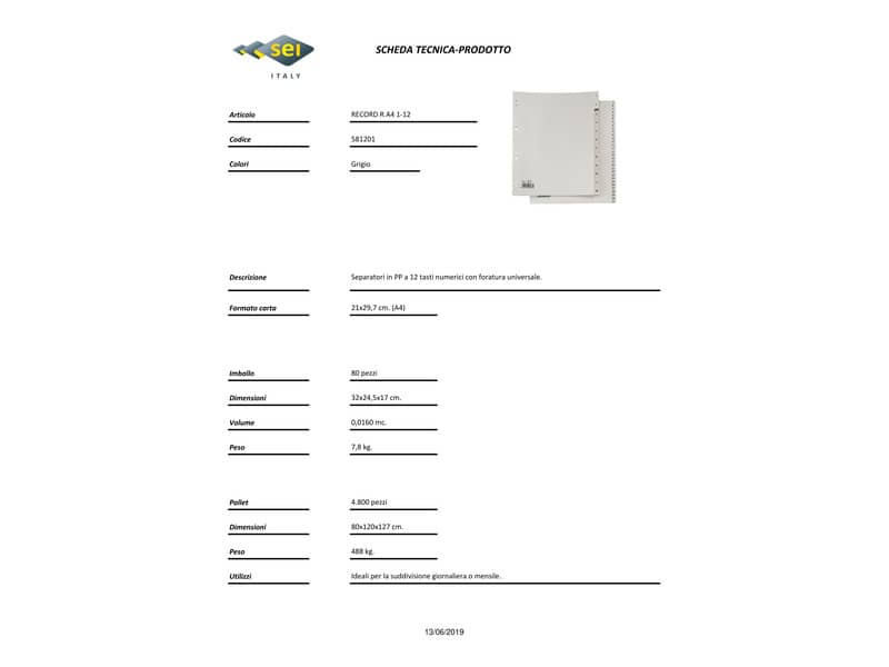 Separatori numerici a 12 tasti in PP Sei Rota Record R 1-12 grigio 581201