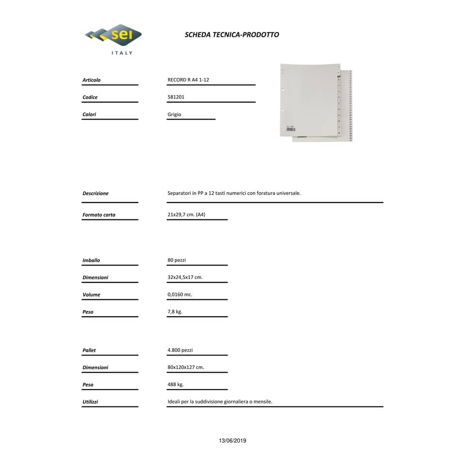 Separatori numerici a 12 tasti in PP Sei Rota Record R 1-12 grigio 581201