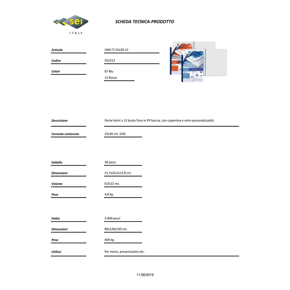 Portalistini personalizzabile in PP Sei Rota Uno TI - PP buccia - 12 buste A4 rosso - 55221212