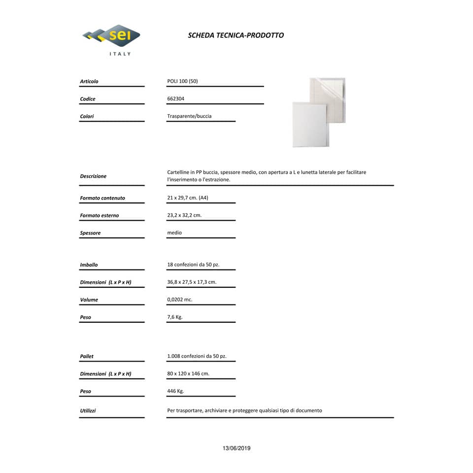 Cartelline a L in PP Sei Rota Poli 100 A4 trasparente - medio spessore - conf. 50 pezzi - 662304