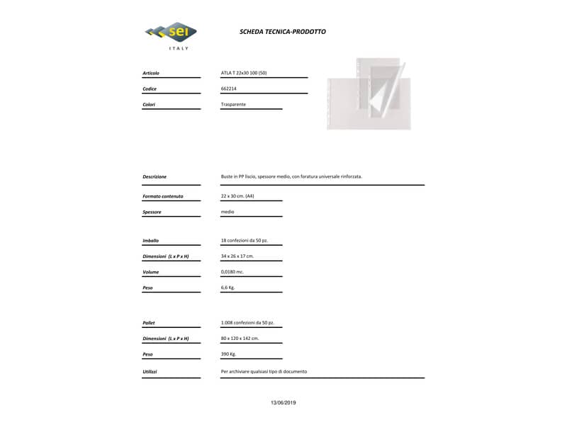Buste in PP liscio Sei Rota Atla T 100 - medio spessore trasparente 22x30 cm - conf. 50 pezzi - 662214