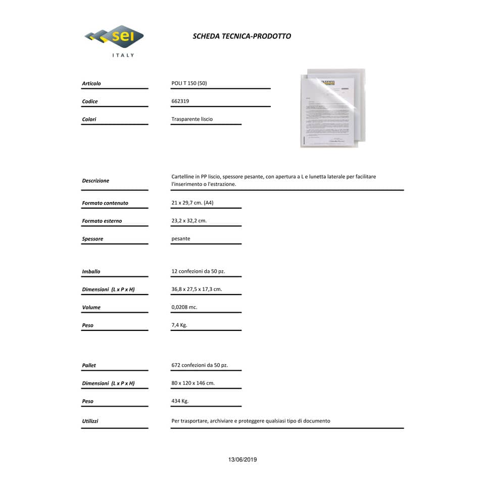 Cartelline a L in PP Sei Rota Poli T 150 A4 trasparente - alto spessore - conf. 50 pezzi - 662319