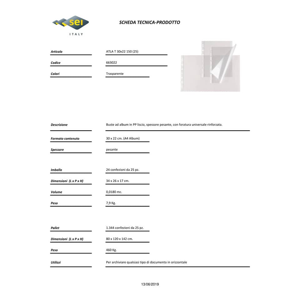 Buste in PP liscio Sei Rota Atla T 150 - alto spessore trasparente 30x22 cm - conf. 25 pezzi - 663022
