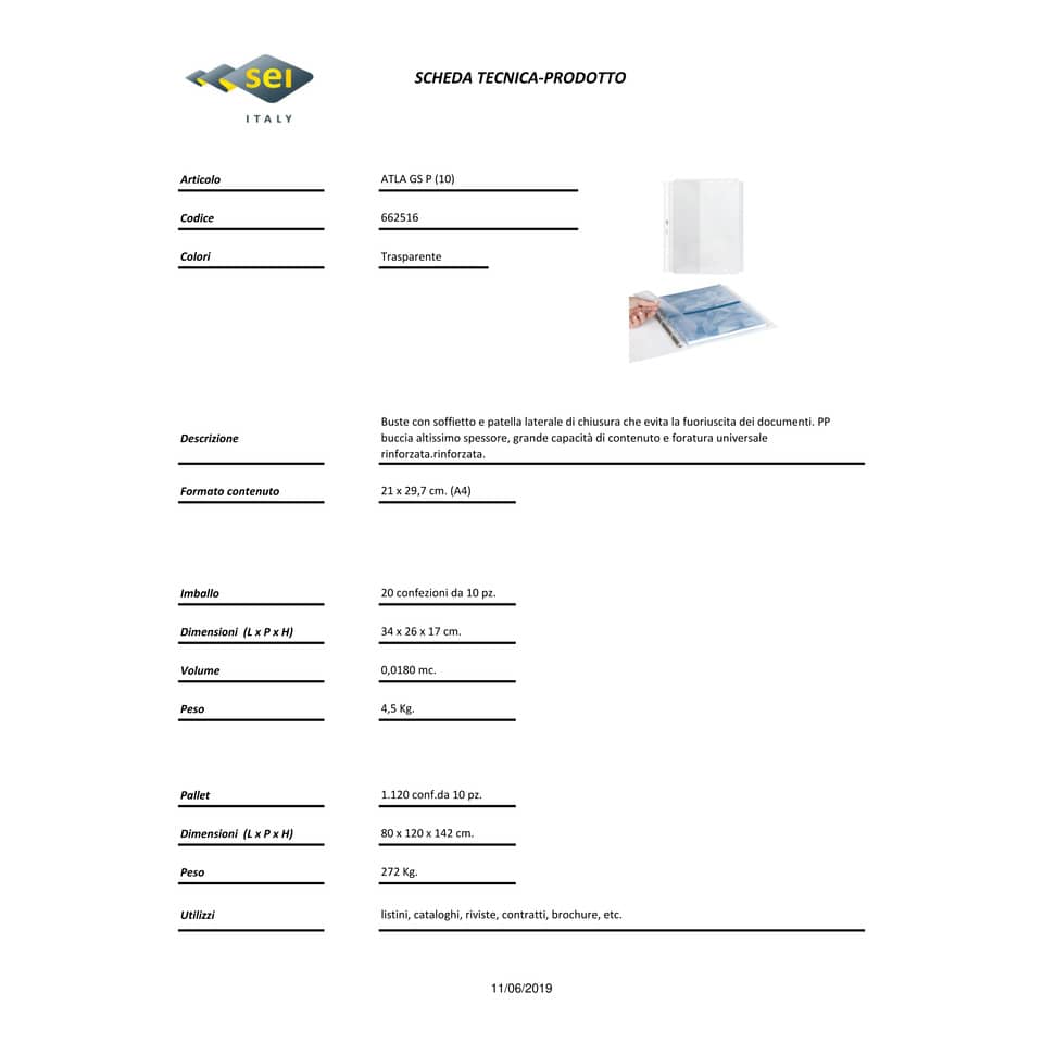 Buste con soffietto e patella laterale in PP Sei Rota Atla GS P altissima capacità trasparente 10 pz. - 662516