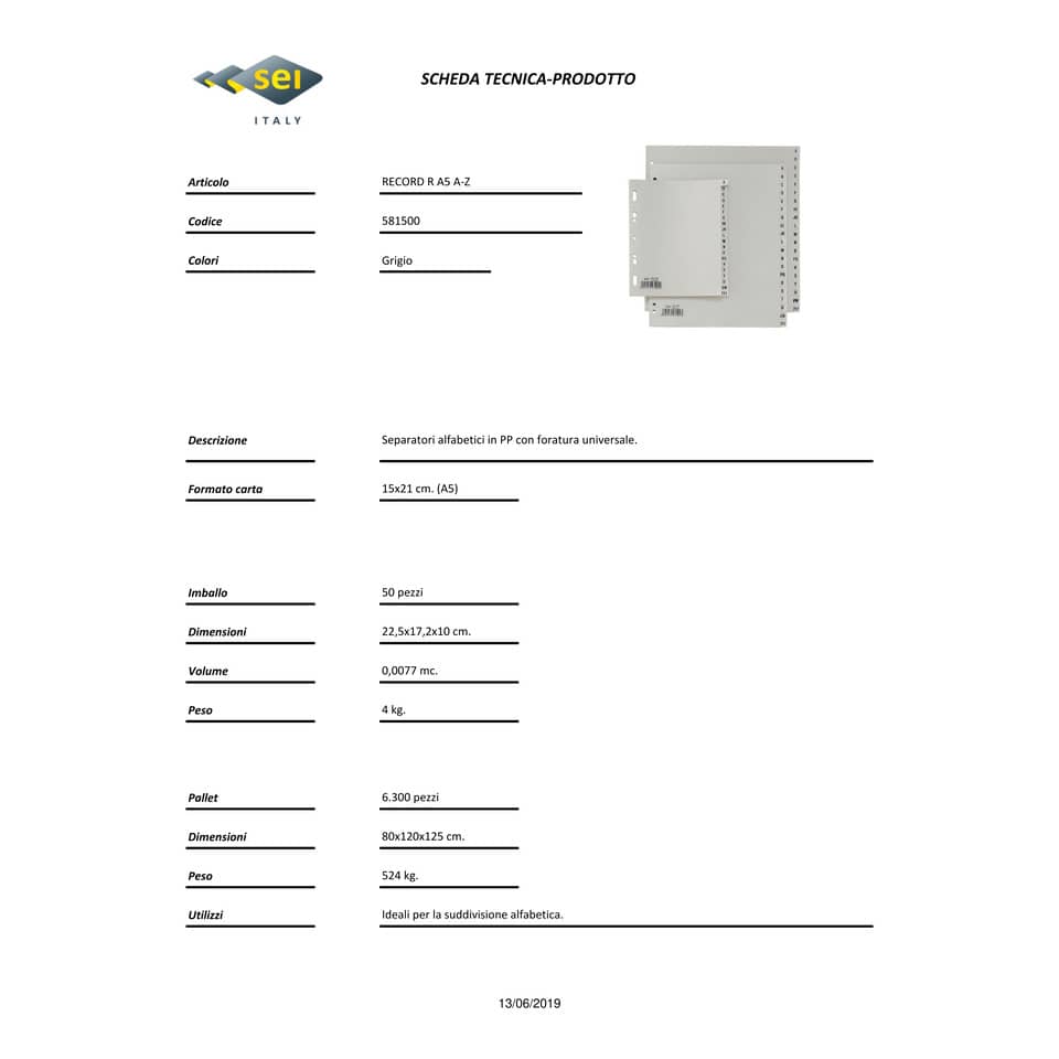 Separatori alfabetici in PP Sei Rota Record R A-Z grigio A5 581500