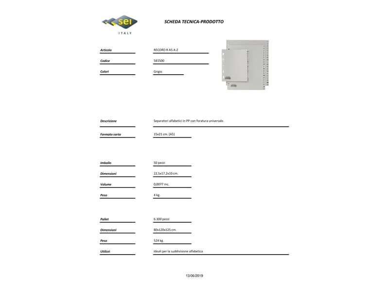 Separatori alfabetici in PP Sei Rota Record R A-Z grigio A5 581500