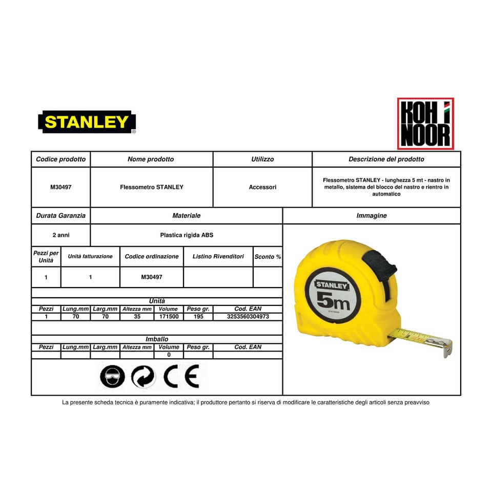 Flessometro STANLEY Tylon 5 m x 13 mm nastro in metallo - gancio per cintura M30497