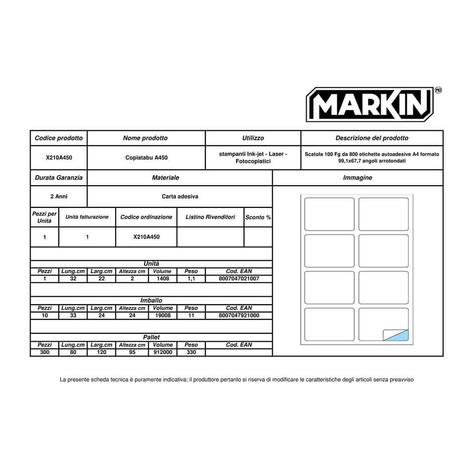 Etichette bianche MARKIN Copiatabu permanenti 99,1x67,7 mm ang. arrotondati 8 et./foglio - conf. 100 fogli X210A450