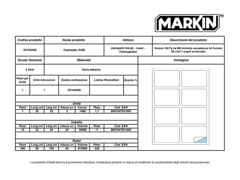 Etichette bianche MARKIN Copiatabu permanenti 99,1x67,7 mm ang. arrotondati 8 et./foglio - conf. 100 fogli X210A450