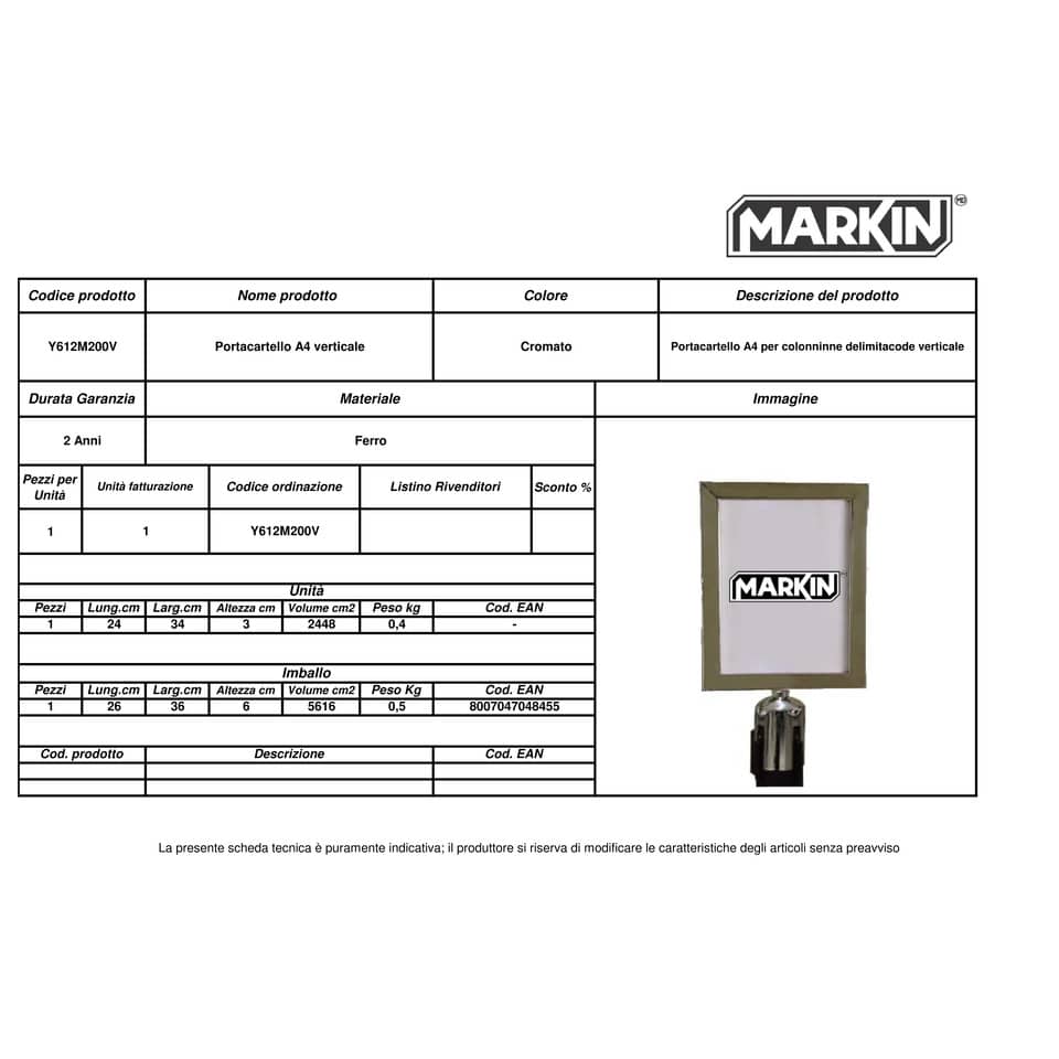 Porta cartello MARKIN verticale A4 per separacode Y612M200V