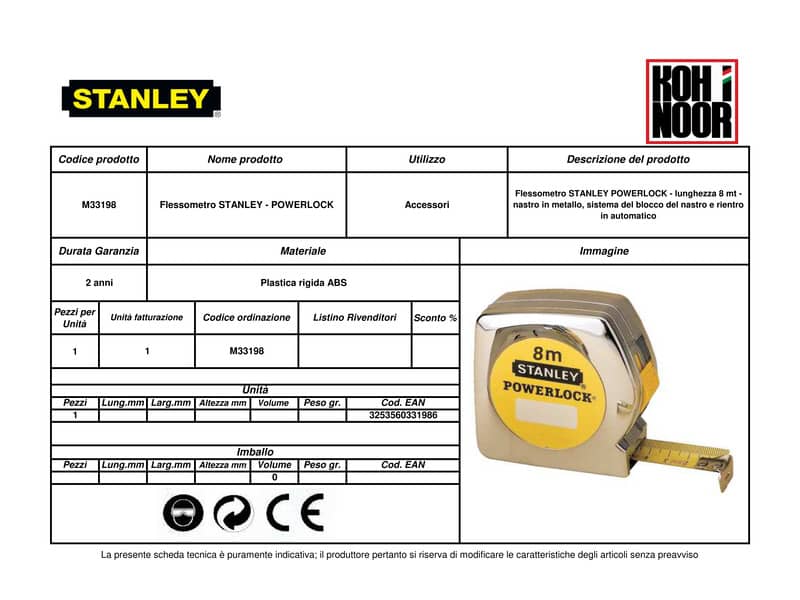 Flessometro STANLEY Powerlock 8 m x 25 mm  - nastro in acciaio rivestito in Mylar - gancio per cintura - M33198