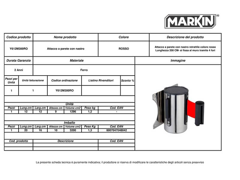 Attacco murale con nastro retrattile MARKIN rosso - 21x16x9 cm Y612M300RO