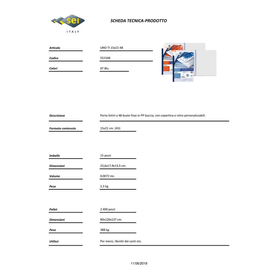 Portalistini personalizzabile in PP Sei Rota Uno TI - PP buccia - 48 buste A5 blu - 55154807