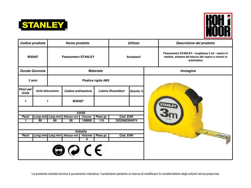Flessometro STANLEY Tylon 3 m x 13 mm nastro in metallo - gancio per cintura M30487