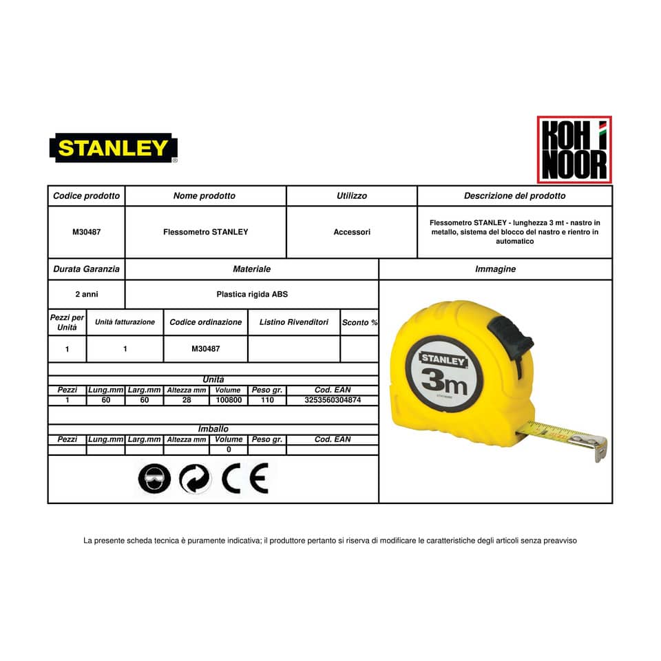 Flessometro STANLEY Tylon 3 m x 13 mm nastro in metallo - gancio per cintura M30487