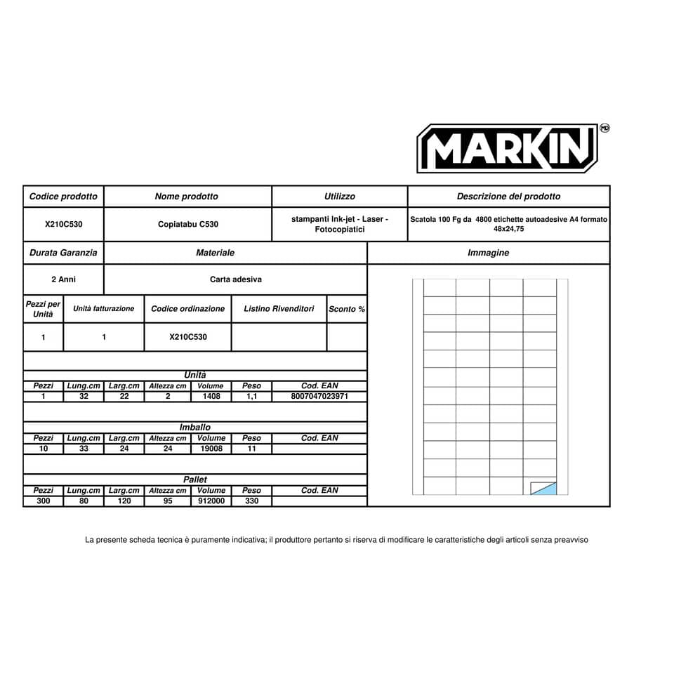 Etichette bianche MARKIN Copiatabu permanenti 48x24,75 mm con margine - 48 et./foglio - conf. 100 fogli - X210C530