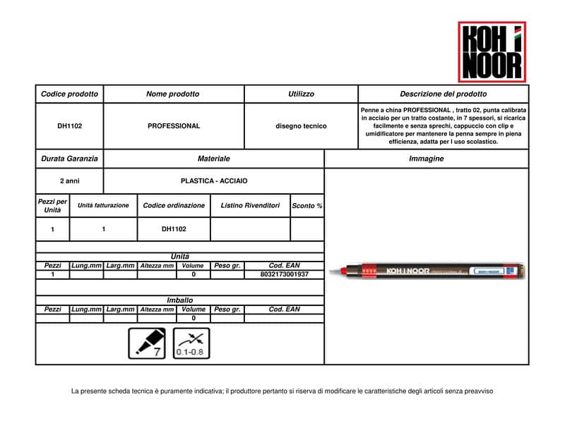 Penna a china KOH-I-NOOR tratto 0,2 mm DH1102