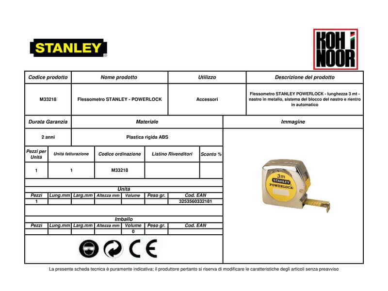 Flessometro STANLEY Powerlock 3 m x 12,7 mm - nastro in acciaio rivestito in Mylar - gancio per cintura - M33218