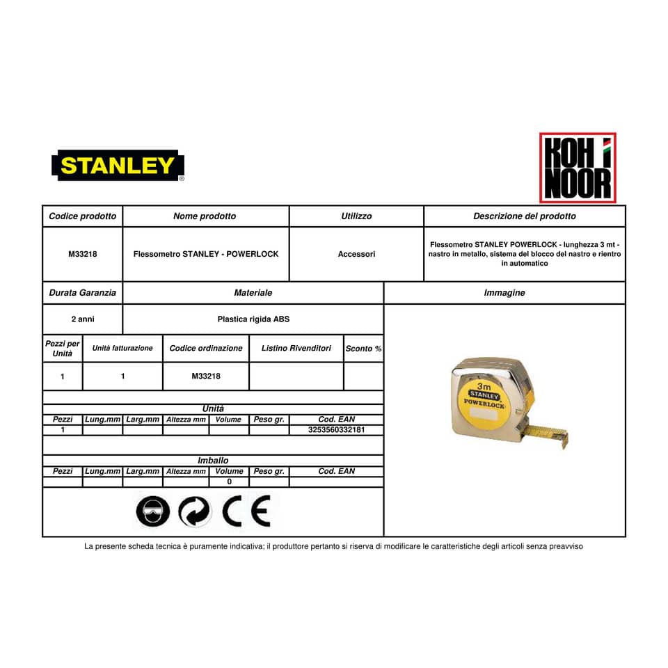 Flessometro STANLEY Powerlock 3 m x 12,7 mm - nastro in acciaio rivestito in Mylar - gancio per cintura - M33218