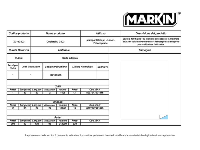 Etichette bianche MARKIN Copiatabu permanenti 210x297 mm senza margine - 1 et./foglio - conf. 100 fogli - X210C503