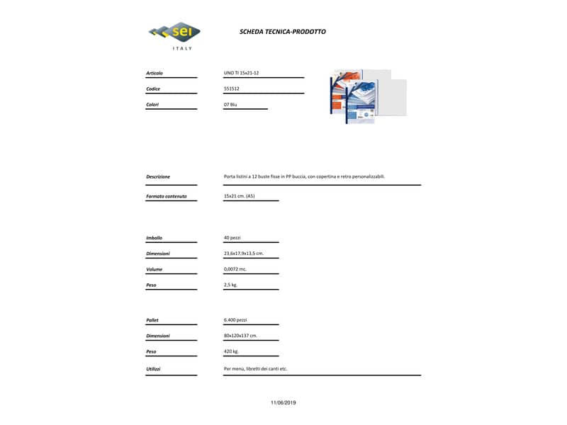 Portalistini personalizzabile in PP Sei Rota Uno TI - PP buccia - 12 buste A5 blu - 55151207