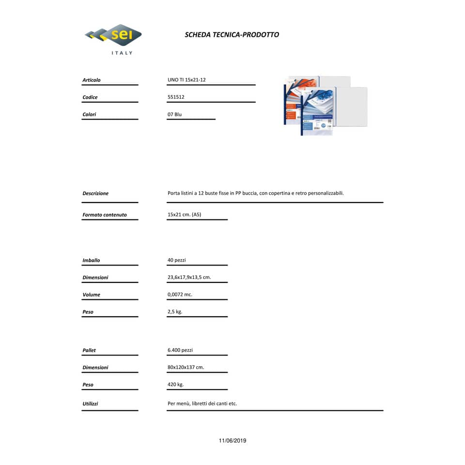 Portalistini personalizzabile in PP Sei Rota Uno TI - PP buccia - 12 buste A5 blu - 55151207