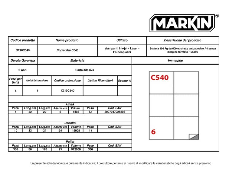 Etichette bianche MARKIN Copiatabu permanenti 105x99 mm senza margine - 6 et./foglio - conf. 100 fogli - X210C540