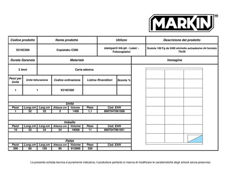 Etichette bianche MARKIN Copiatabu permanenti 70x36 mm con margine - 24 et./foglio - conf. 100 fogli - X210C500