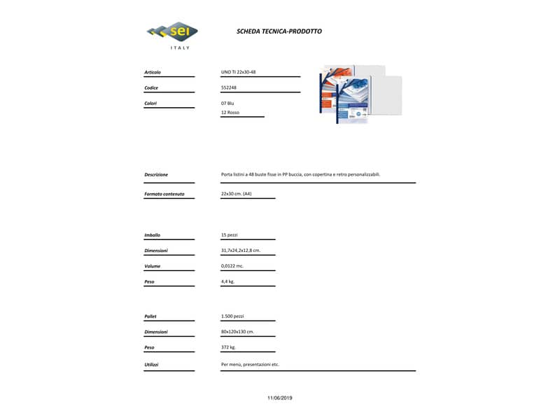 Portalistini personalizzabile in PP Sei Rota Uno TI - PP buccia - 48 buste A4 blu - 55224807