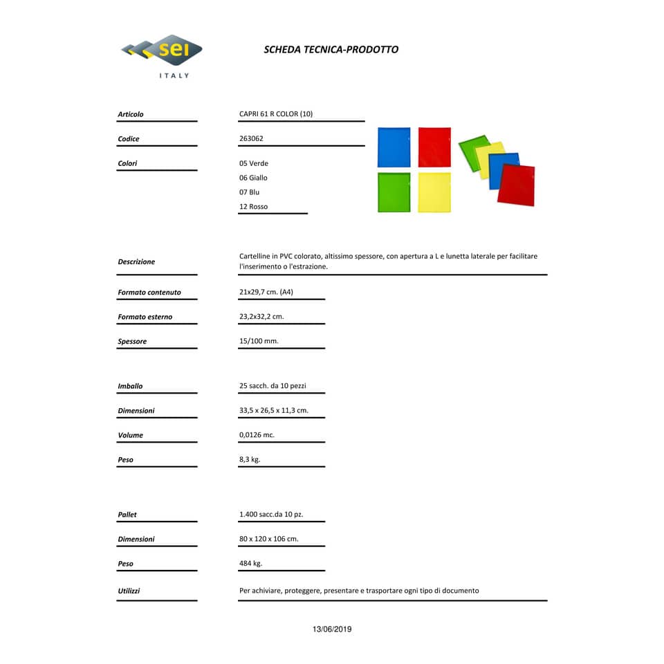 Cartelline a L in PVC Sei Rota Capri 61 R Color altissimo spessore - blu A4 - conf. 10 pezzi - 26306207