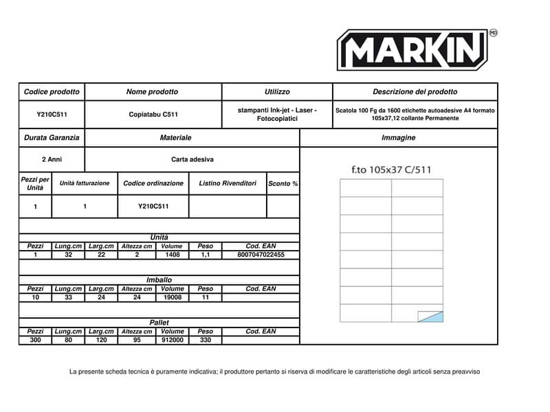 Etichette bianche MARKIN Copiatabu permanenti 105x37,12 mm senza margine 16 et./foglio - conf. 100 fogli - X210C511