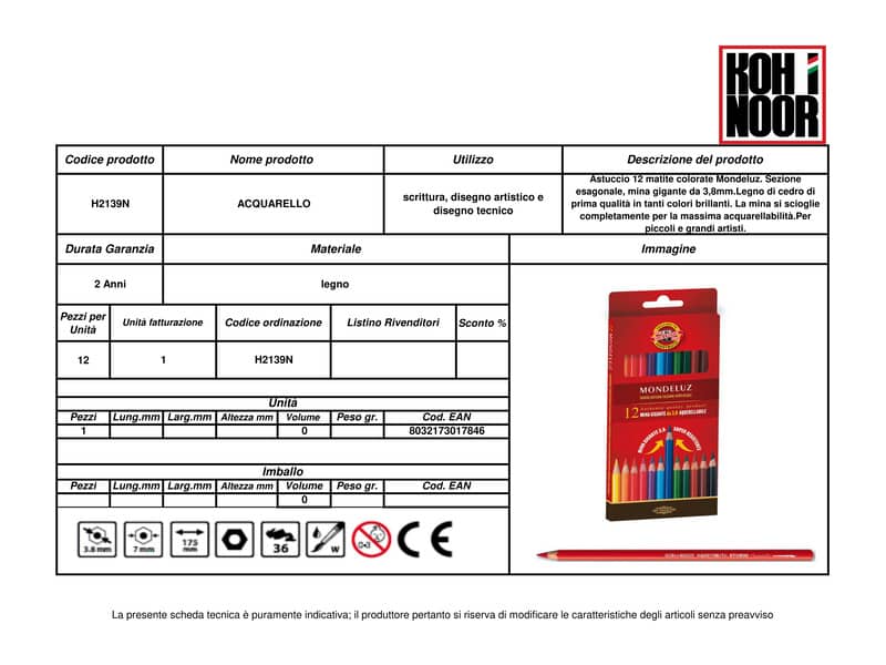 Astuccio matite multicolore KOH-I-NOOR legno di cedro 12 matite - H2139N