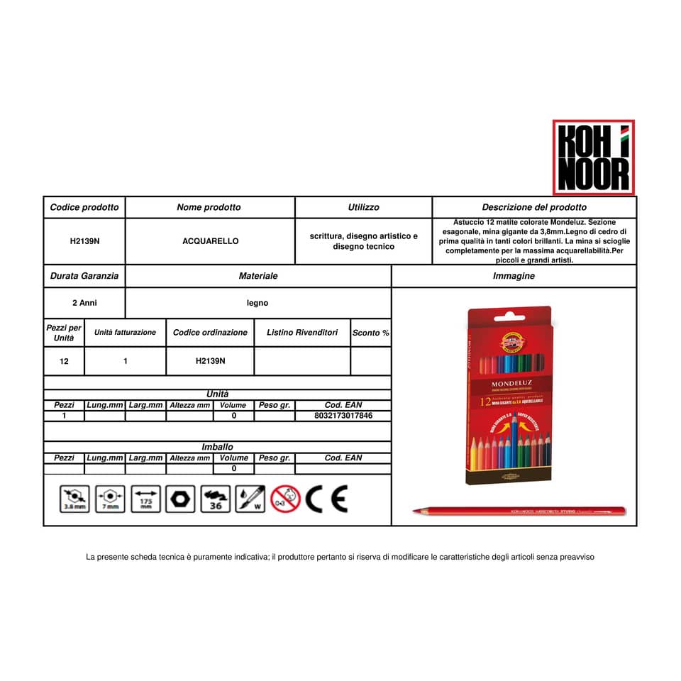 Astuccio matite multicolore KOH-I-NOOR legno di cedro 12 matite - H2139N