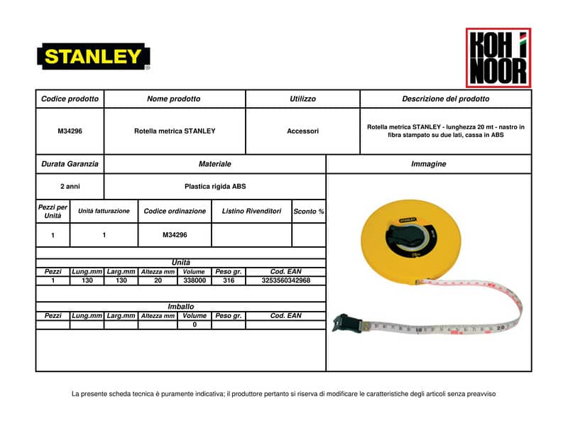 Rotella metrica STANLEY 20 m x 15 mm stampa su 2 lati - manovella a scomparsa M34296