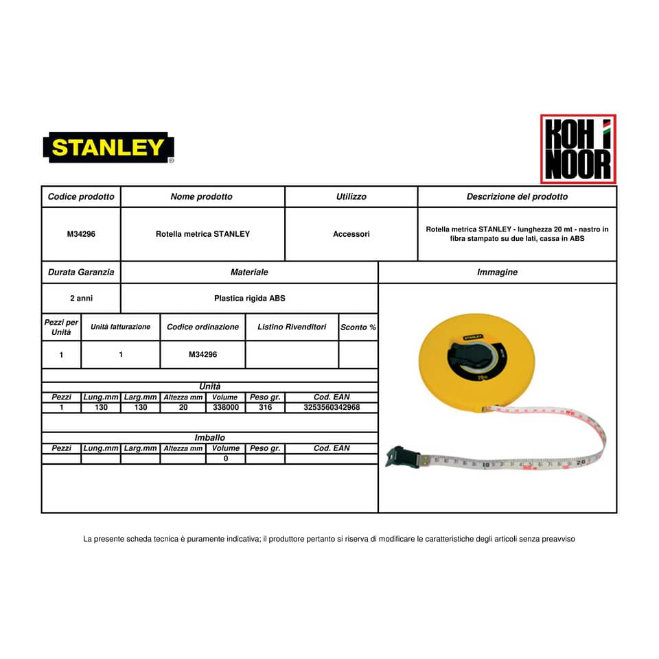 Rotella metrica STANLEY 20 m x 15 mm stampa su 2 lati - manovella a scomparsa M34296
