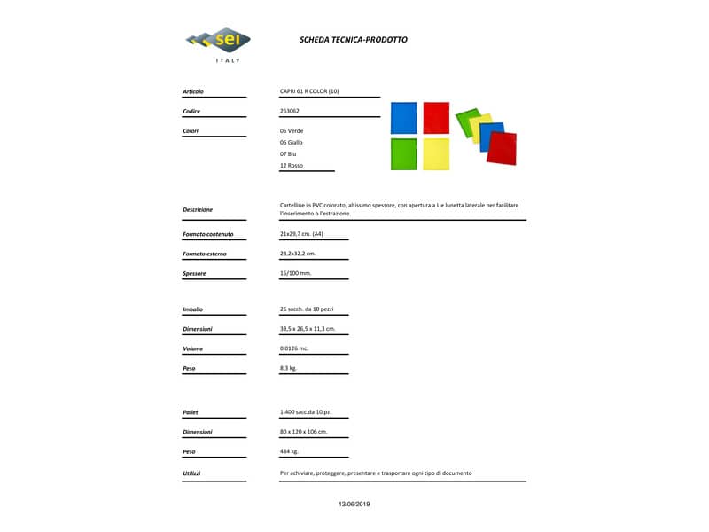Cartelline a L in PVC Sei Rota Capri 61 R Color altissimo spessore - giallo A4 - conf. 10 pezzi - 26306206